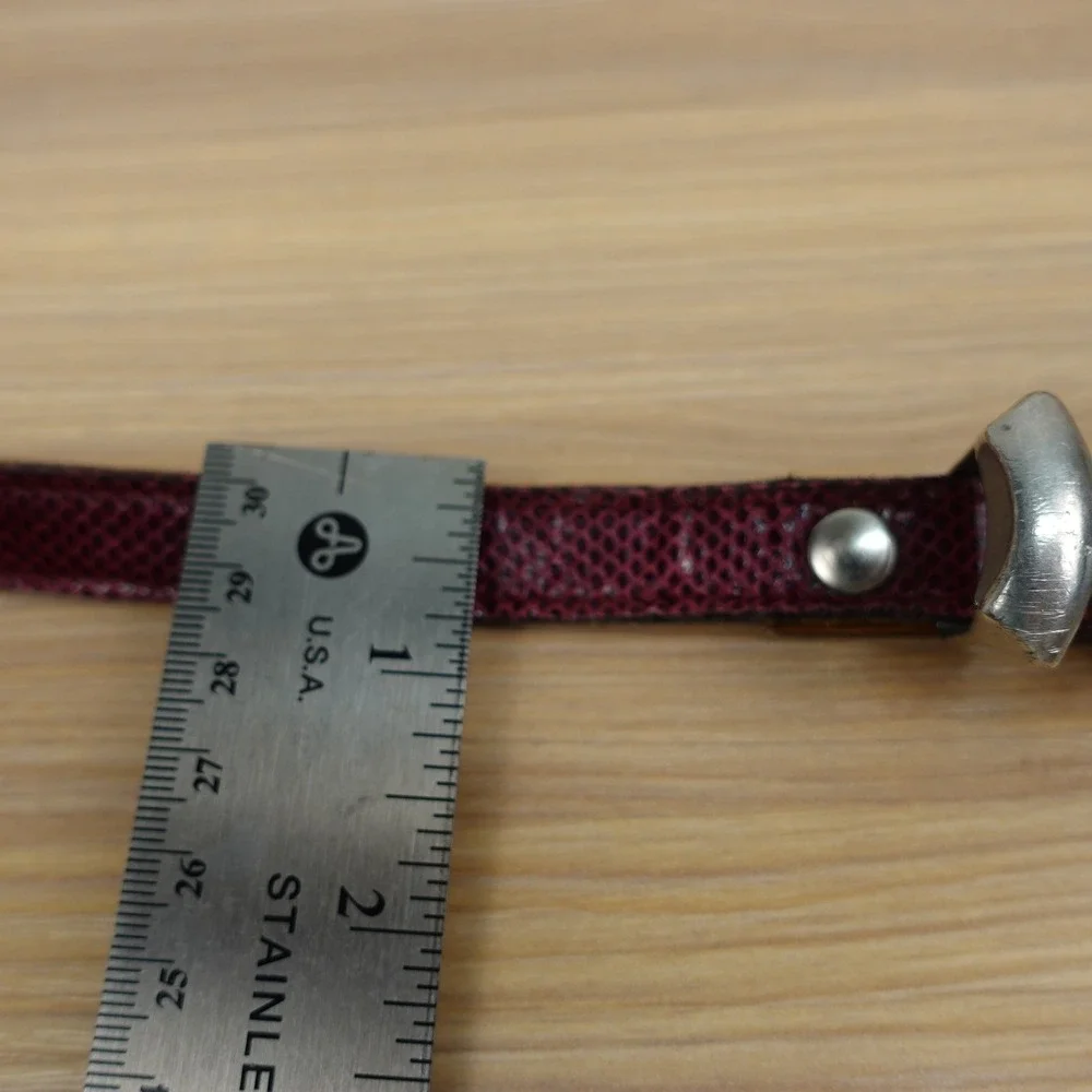 Women’s Burgundy Leather Slim Belt with Geometric Silver Buckle